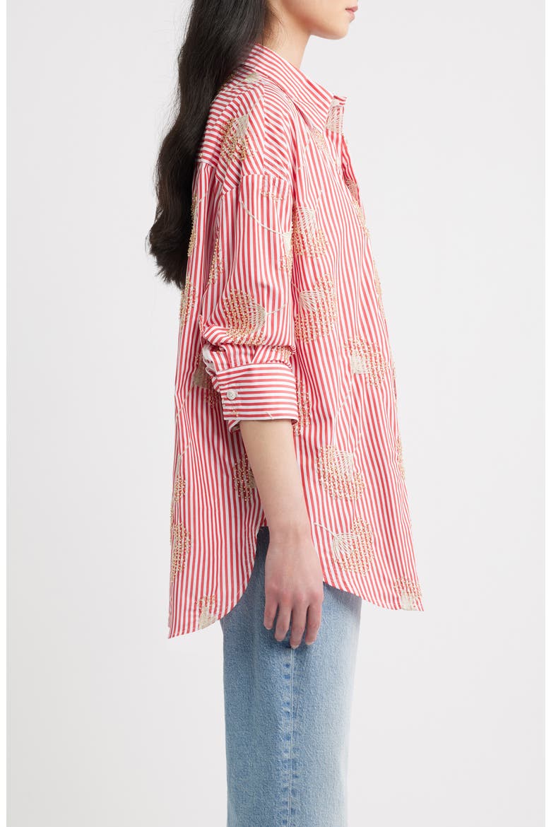 Beaded Oversized Striped Cotton Shirt, Alternate, color, GOLD BEADED RED STRIPE