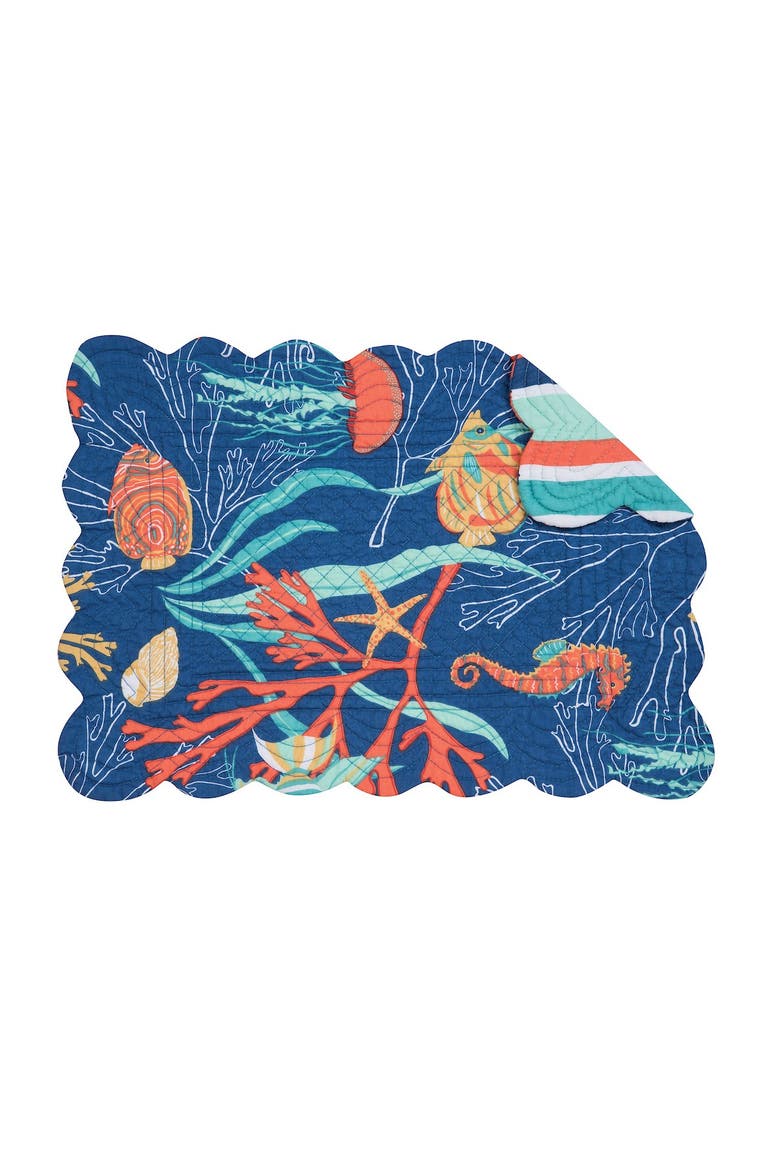 Bimini Island Coastal Sea Life Cotton Quilted Reversible Placemats Set of 6, 13" x 19", Alternate, color, Blue