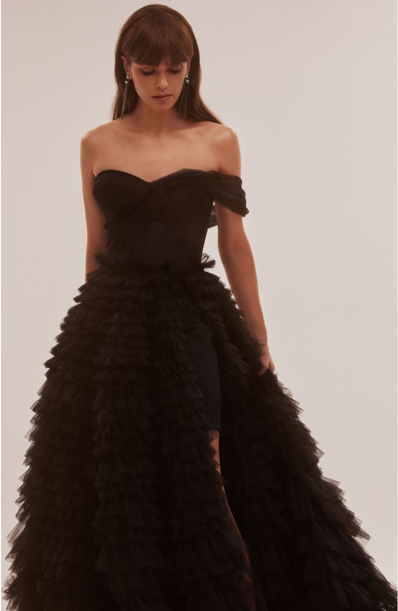 Milla One-Shoulder Layered Tulle Gown in Black for Formal Occasions, Alternate, color, Black