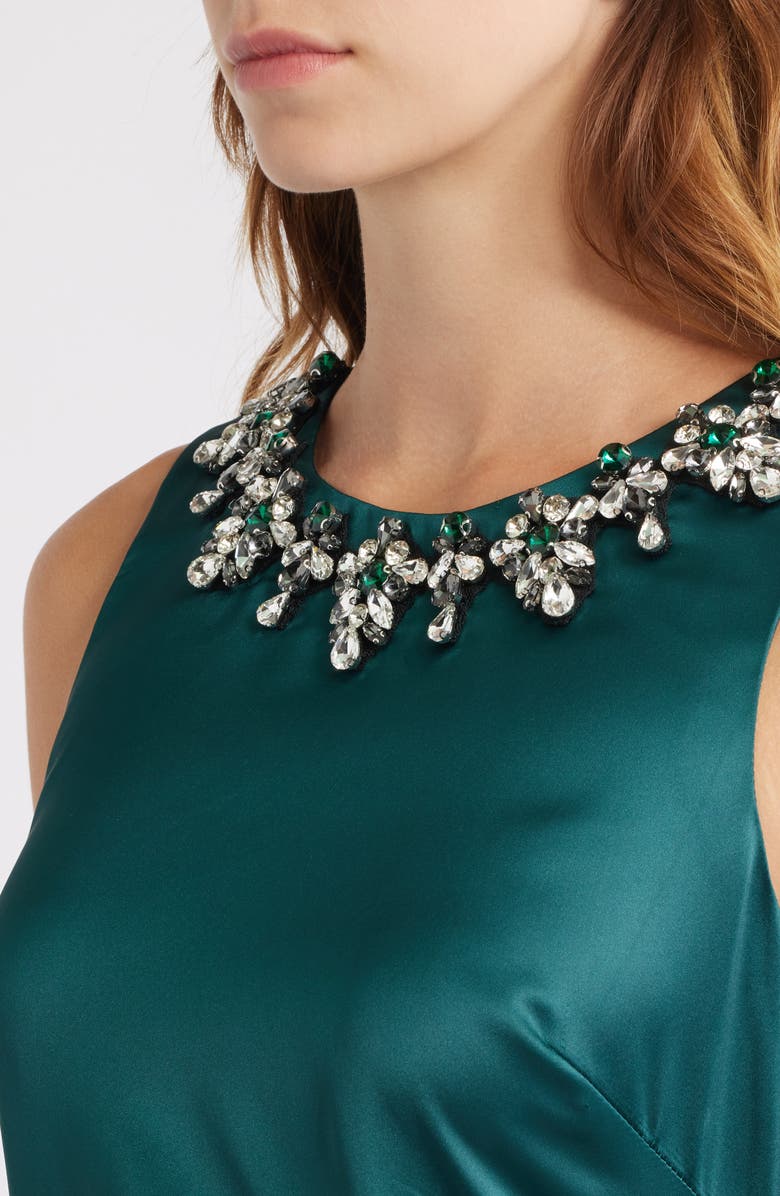 Eliza J Embellished Neck Sleeveless Stretch Satin Cocktail Dress, Alternate, color, Hunter