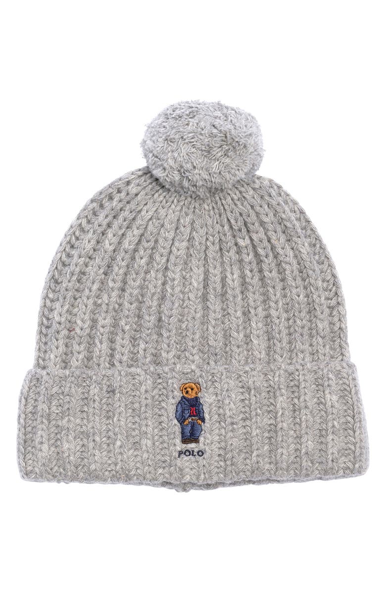 Polo Ralph Lauren Denim Bear Pompom Beanie, Main, color, Andover Heather