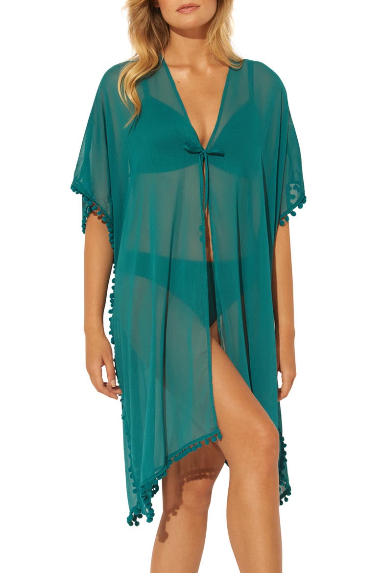 Gypset Pom Trim Cover-Up Caftan, Alternate, color, TROPIC THUNDER