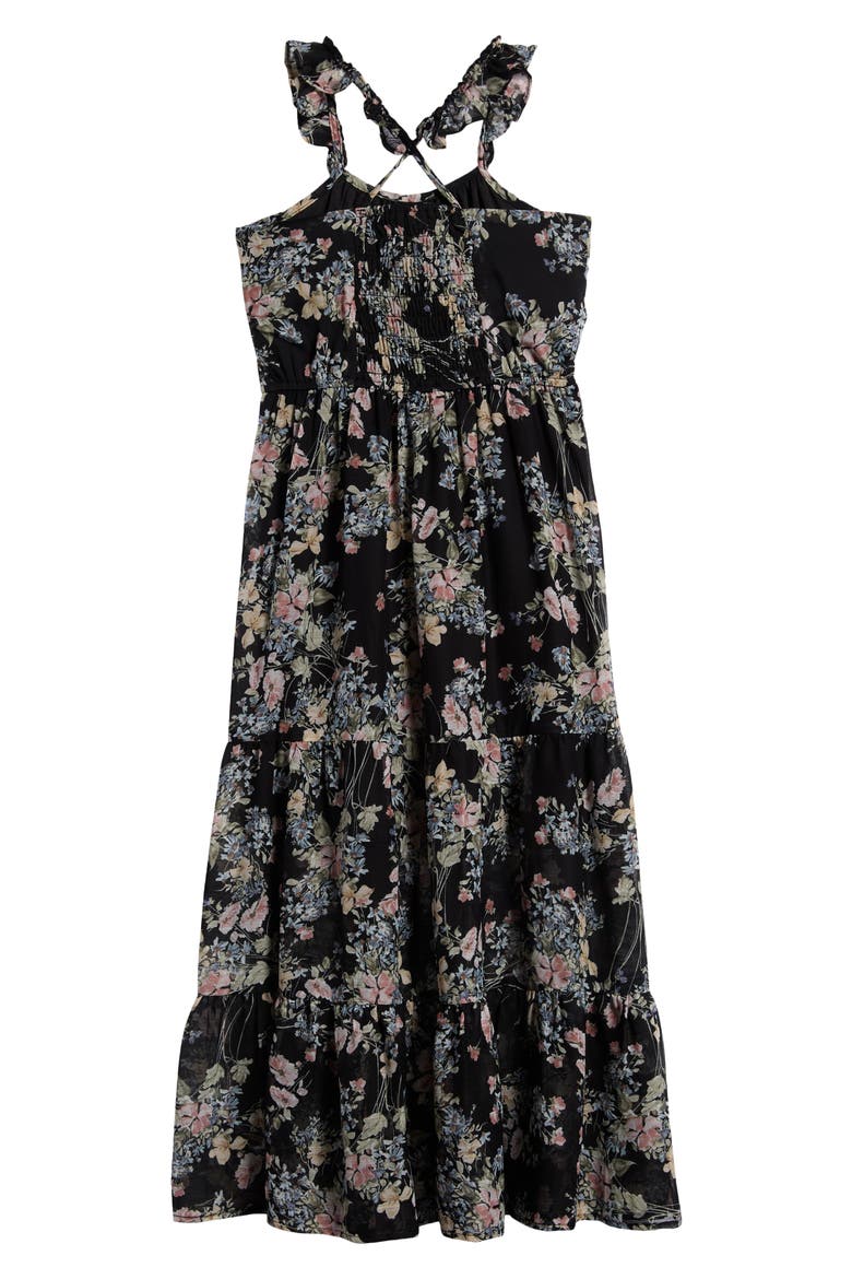 Kids' Floral Ruffle Strap Maxi Dress, Alternate, color, BLACK