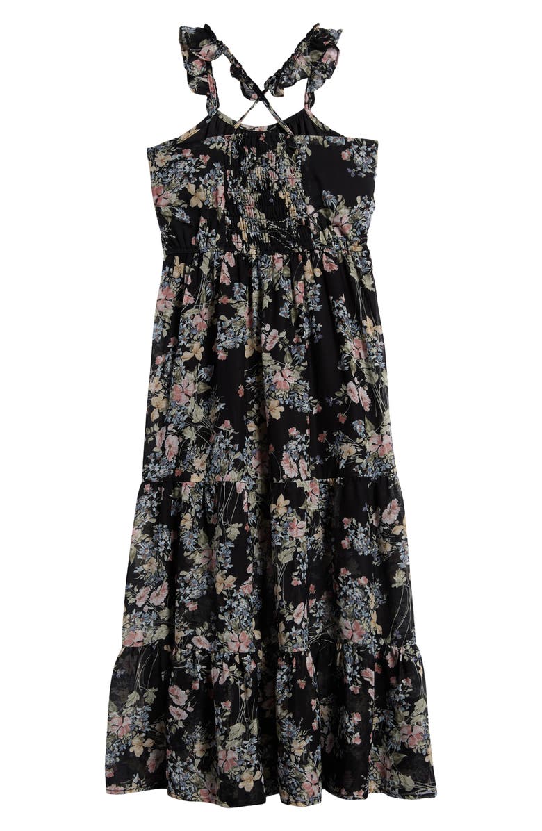 Ava & Yelly Kids' Floral Ruffle Strap Maxi Dress, Alternate, color, Black