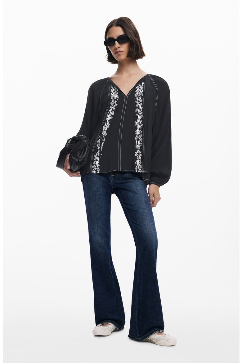 Embroidered Tie Neck Top, Alternate, color, BLACK