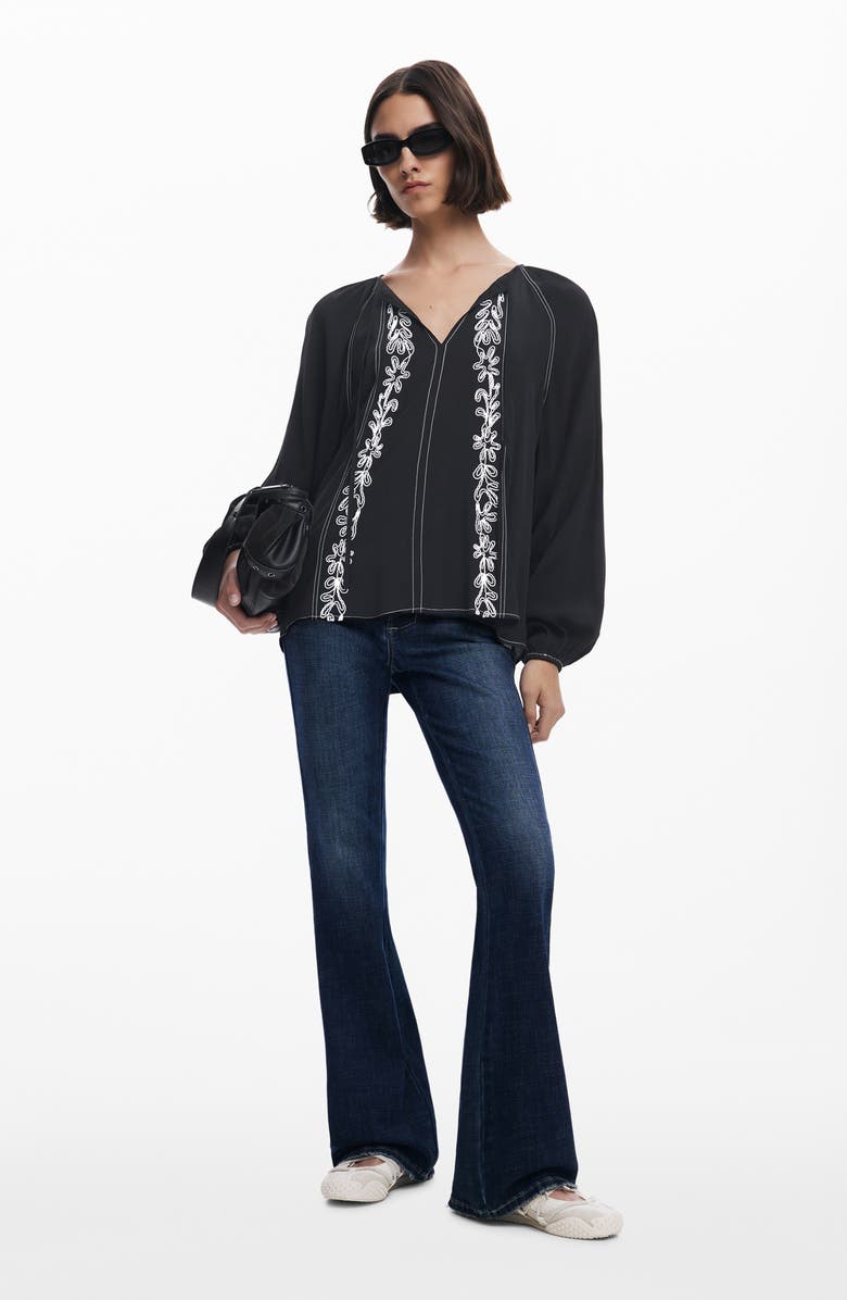 Desigual Embroidered Tie Neck Top, Alternate, color, Black