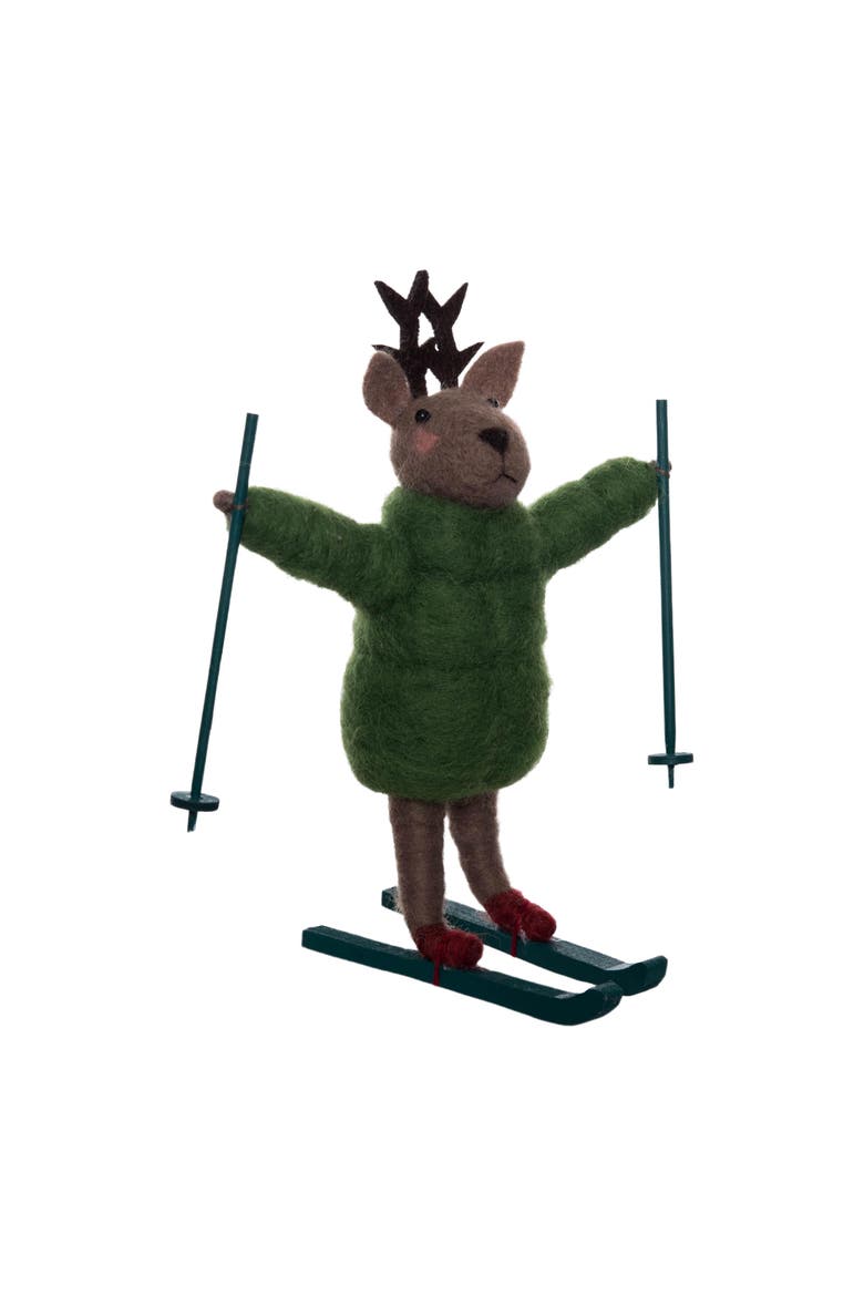 Happy Deer On Skis Figurine, Main, color, Green