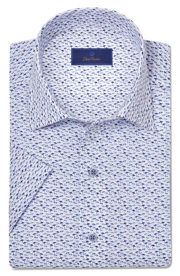 David Donahue Starfish Print Short Sleeve Linen & Cotton Button-up Shirt In White/blue
