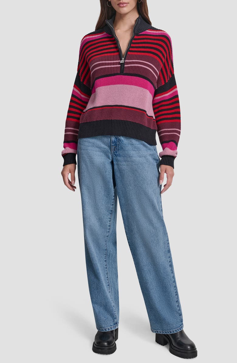 DKNY Jeans Stripe Quarter Zip Cotton Sweater, Alternate, color, Syrah Comb