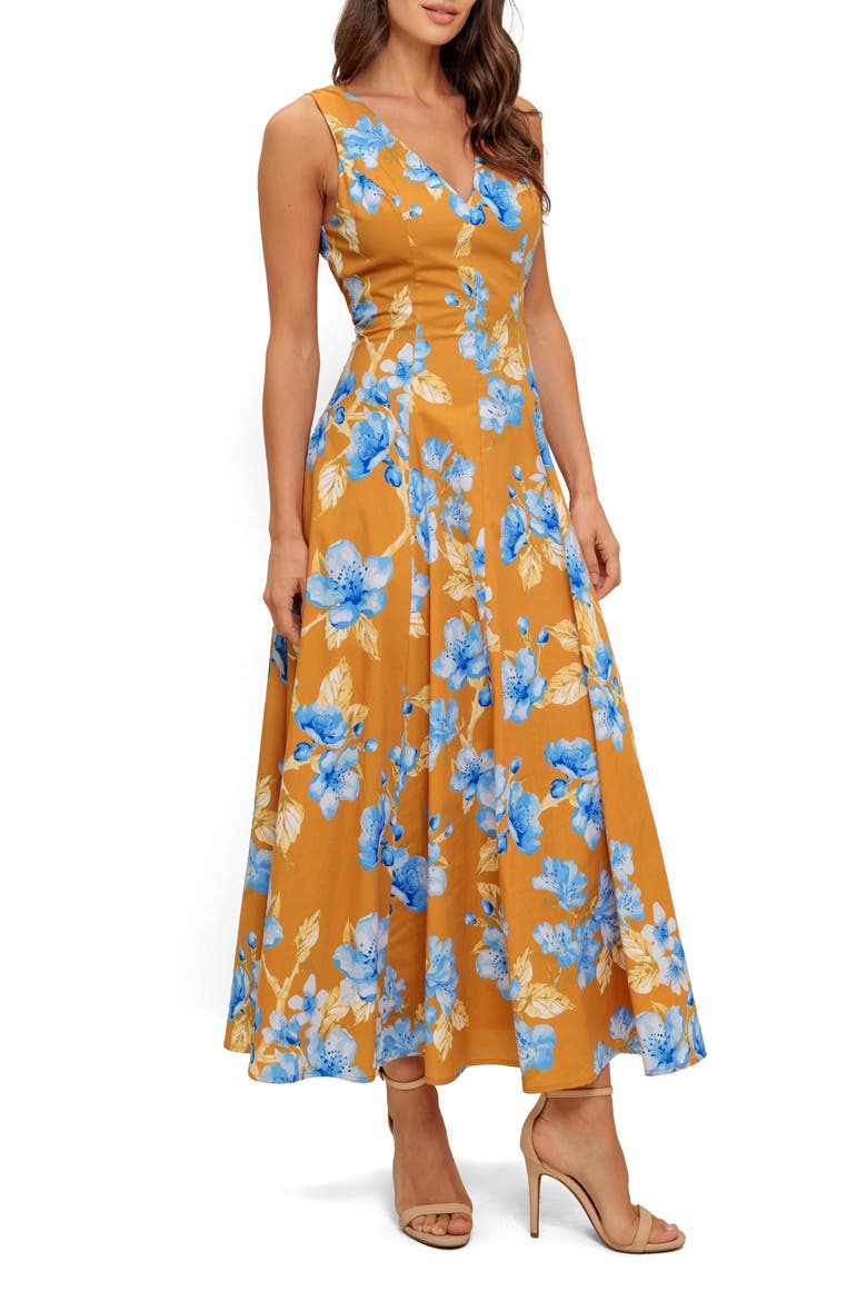 Floral Fit & Flare Midi Dress, Alternate, color, CAMEL