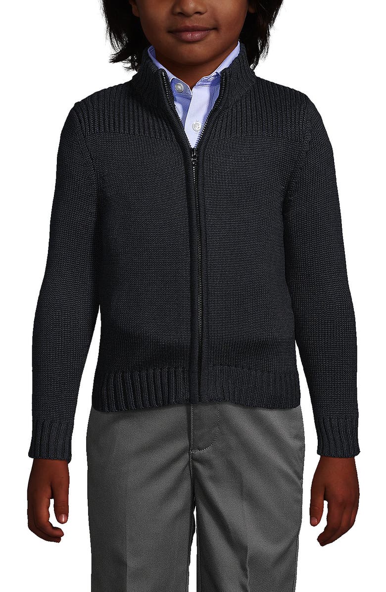 Lands' End School Uniform Boys Cotton Modal Zip Front Cardigan Sweater, Main, color, Black