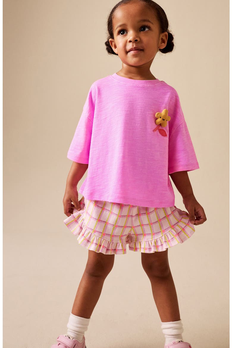Kids' Plush Flower Appliqué T-Shirt & Check Shorts Set, Alternate, color, PINK
