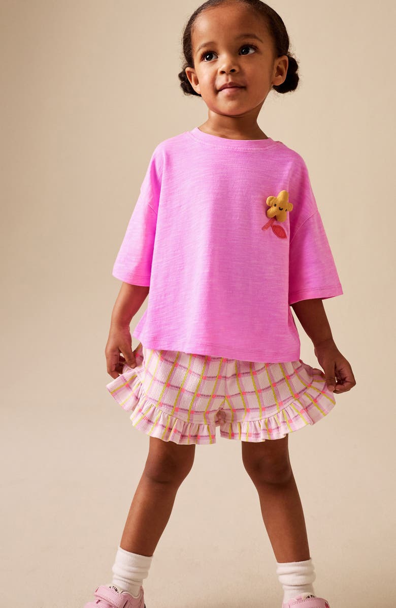 NEXT Kids' Plush Flower Appliqué T-Shirt & Check Shorts Set, Alternate, color, Pink