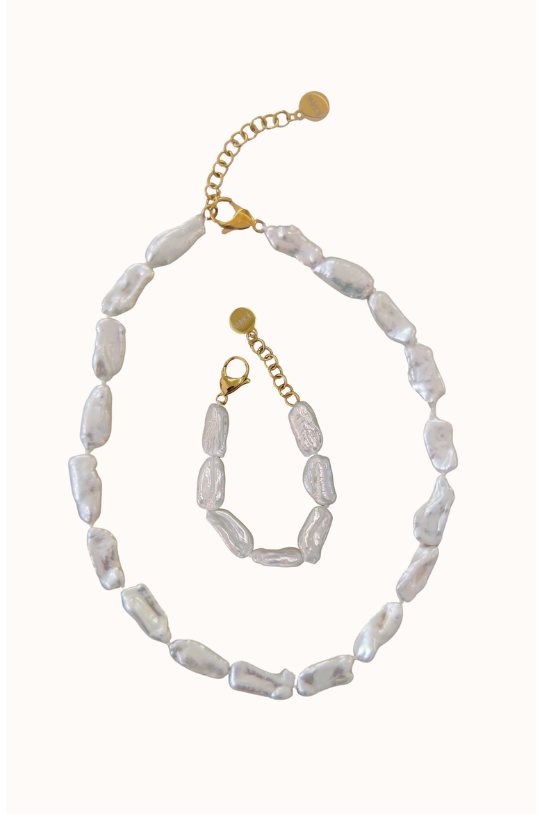 Biwa Pearl Necklace and Bracelet Set, Main, color, White / Gold