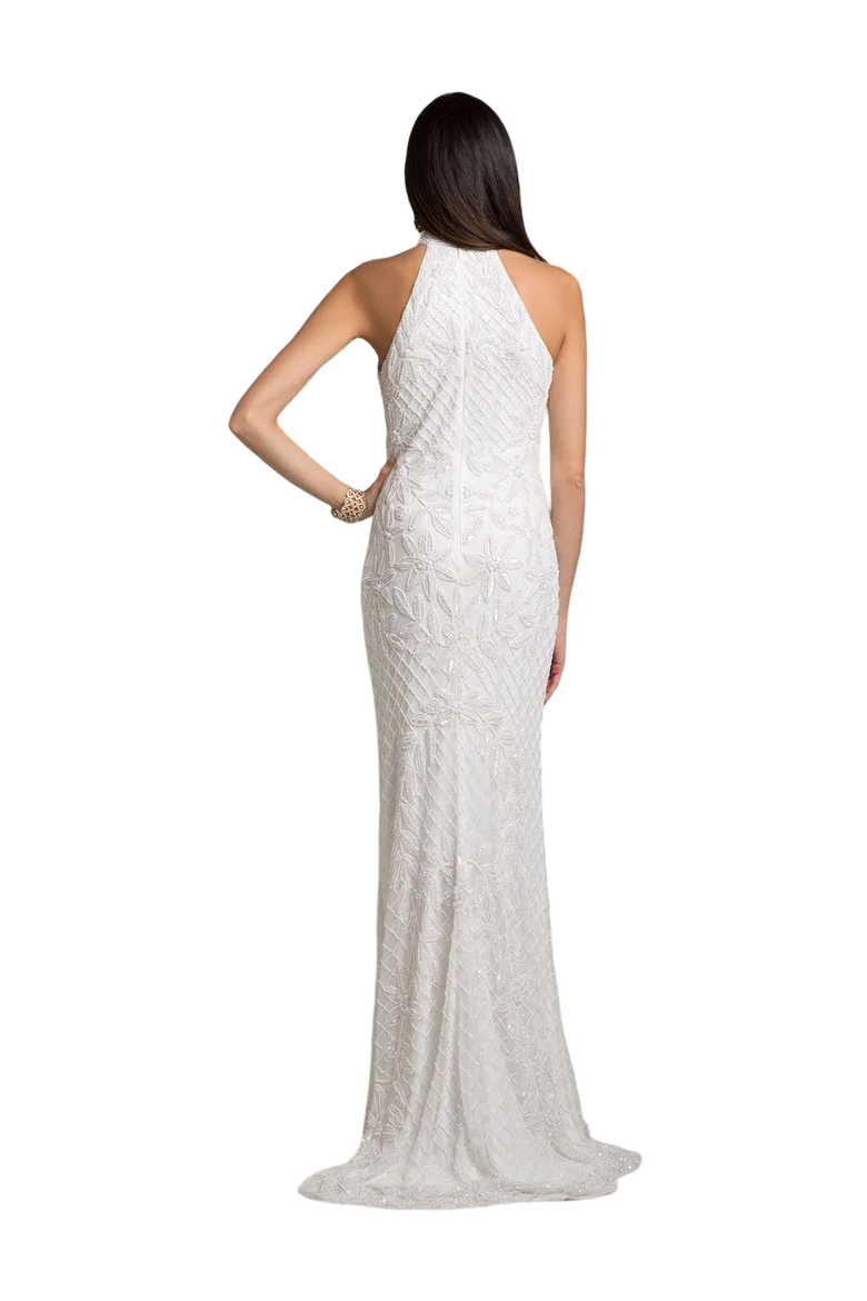 Lattice-Beaded Halter Neck Sheath Wedding Gown, Alternate, color, Ivory