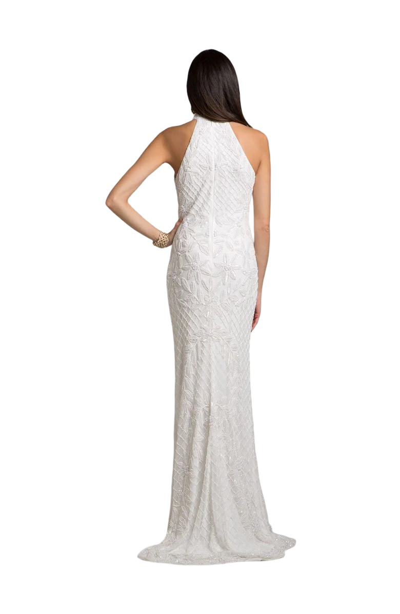 LARA New York Lattice-Beaded Halter Neck Sheath Wedding Gown, Alternate, color, Ivory
