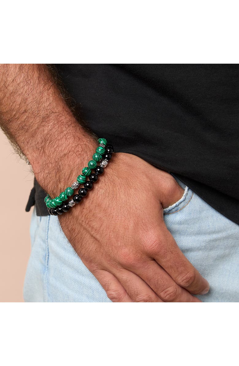 Lucky Brand Two-Piece Stone Beaded Stretch Bracelets, Alternate, color, Green, Black, Silver