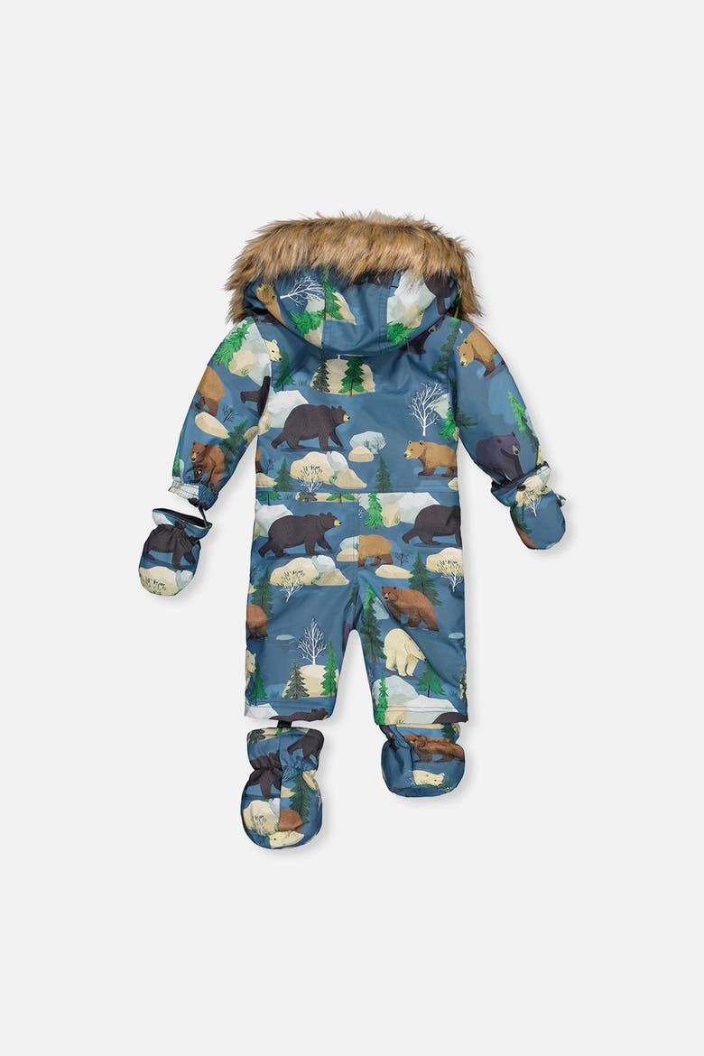 Play Bear Faux Fur Hood Car Seat One Piece Snowsuit, Alternate, color, Blue Bear Print