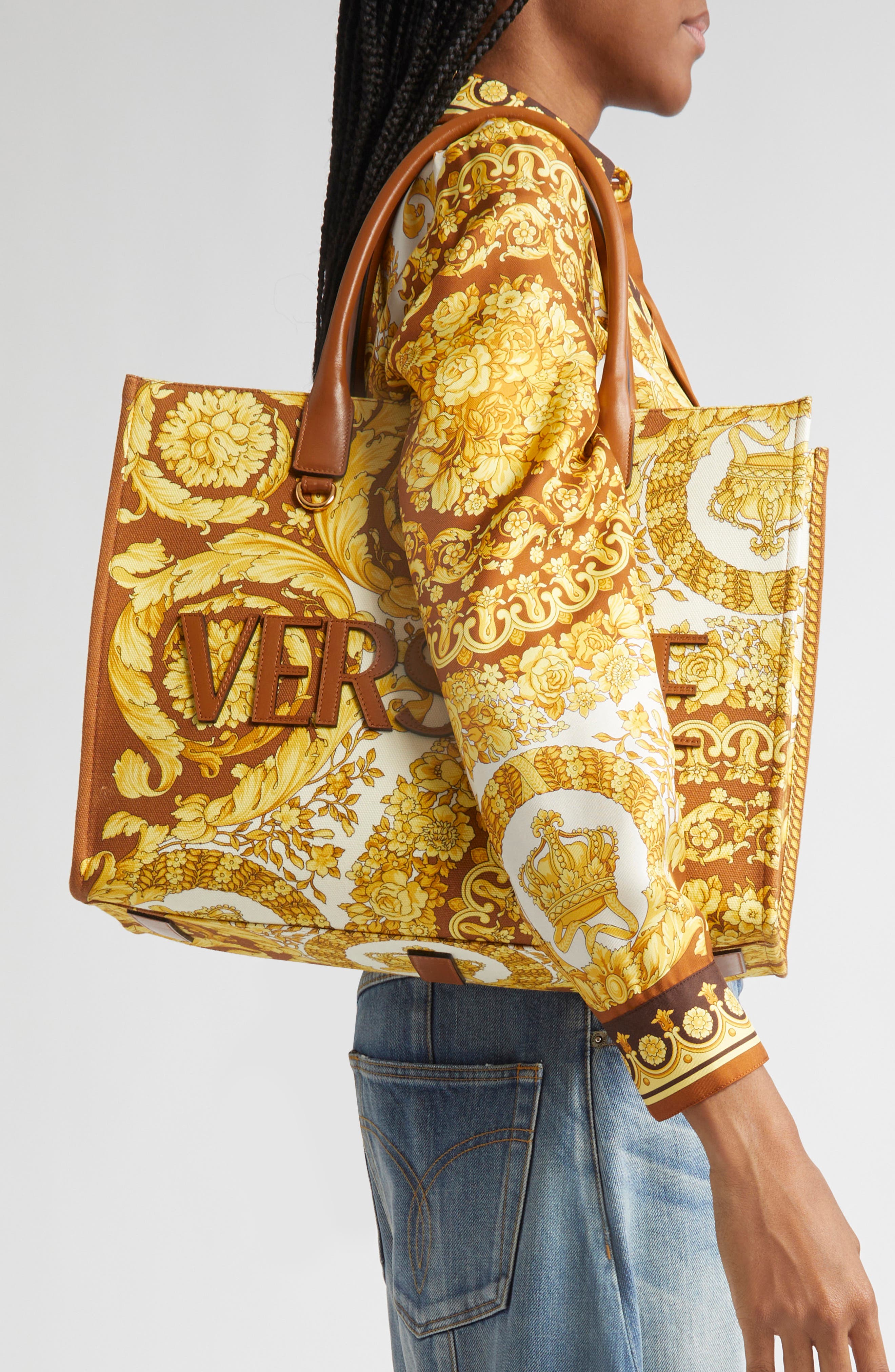 Versace La Medusa Logo Floral Canvas Tote, Alternate, color, 