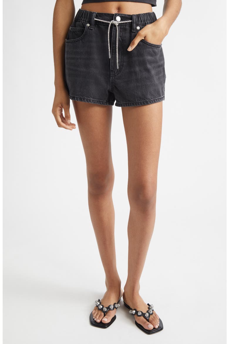Marathon Crystal Drawstring Denim Shorts, Main, color, GREY AGED