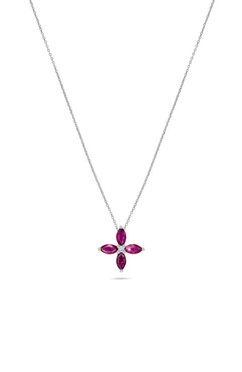 14K White Gold Ruby & Diamond Flower Pendant Necklace