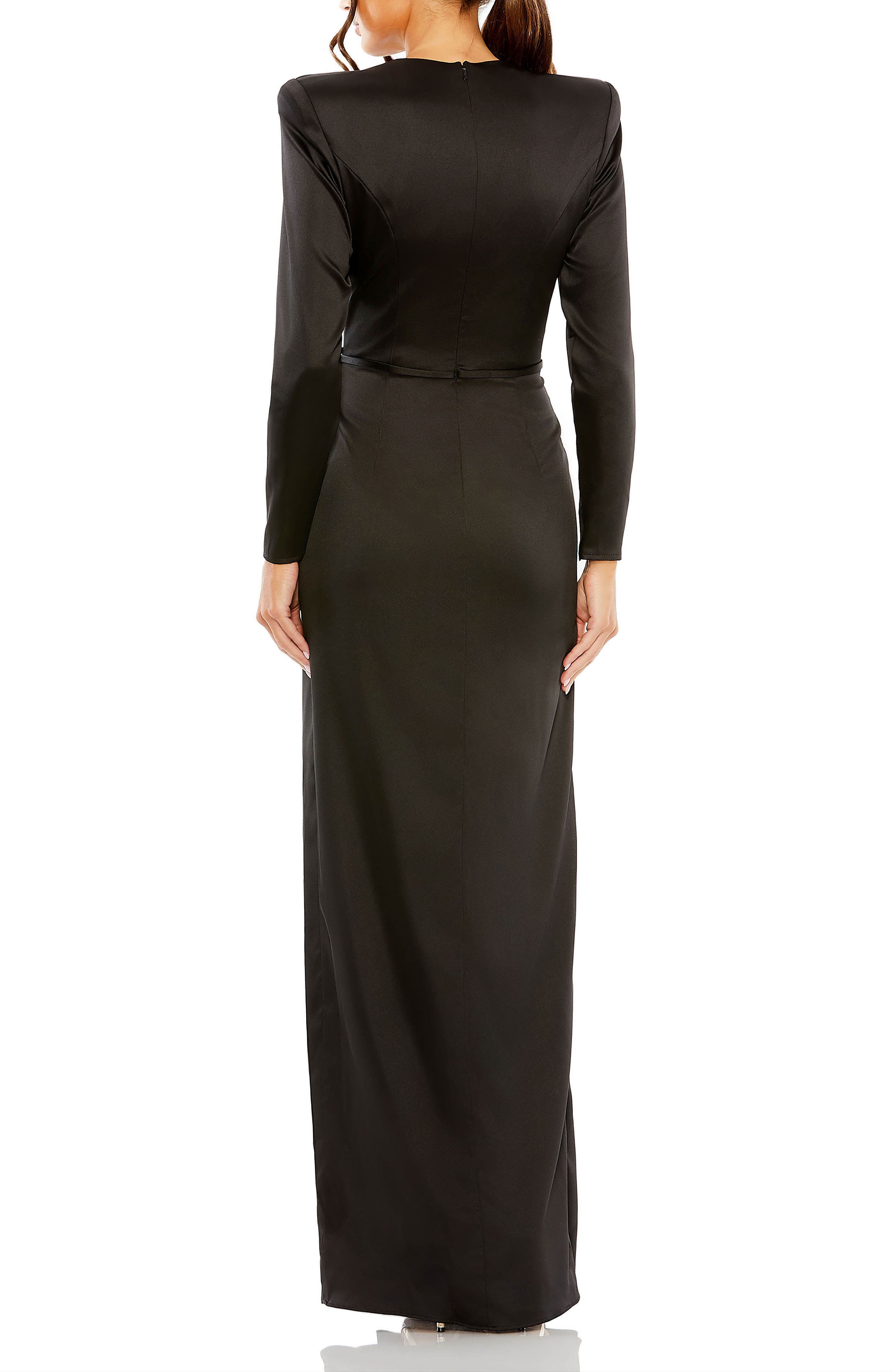 Long Sleeve Structured Bow Draped Column Gown - image 2