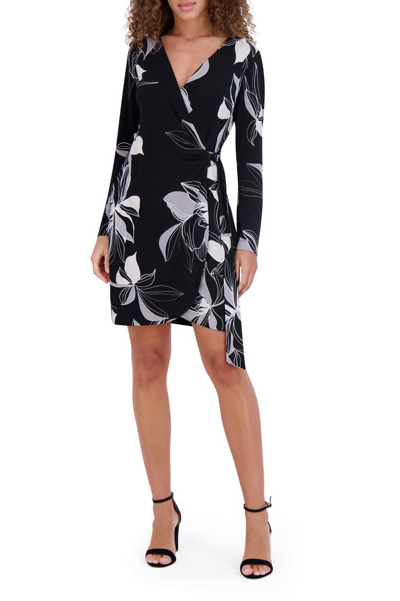 Long Sleeve Wrap Dress, Main, color, BLACK MULTI