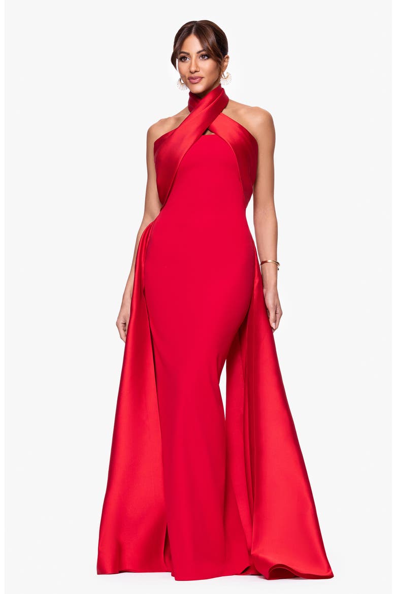 Twist Halter Neck Mikado Scuba Crepe Gown, Alternate, color, RED