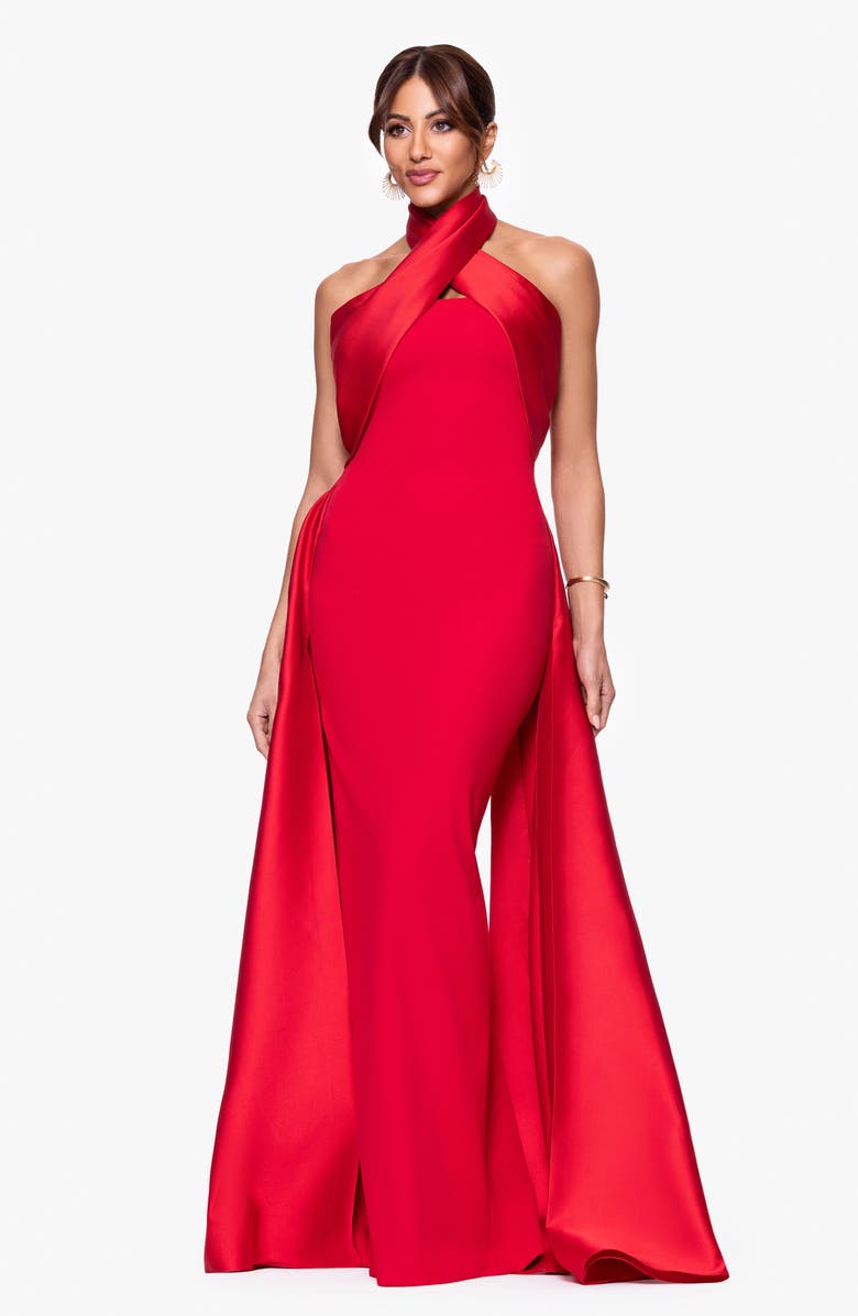 Betsy & Adam Twist Halter Neck Mikado Scuba Crepe Gown, Alternate, color, Red