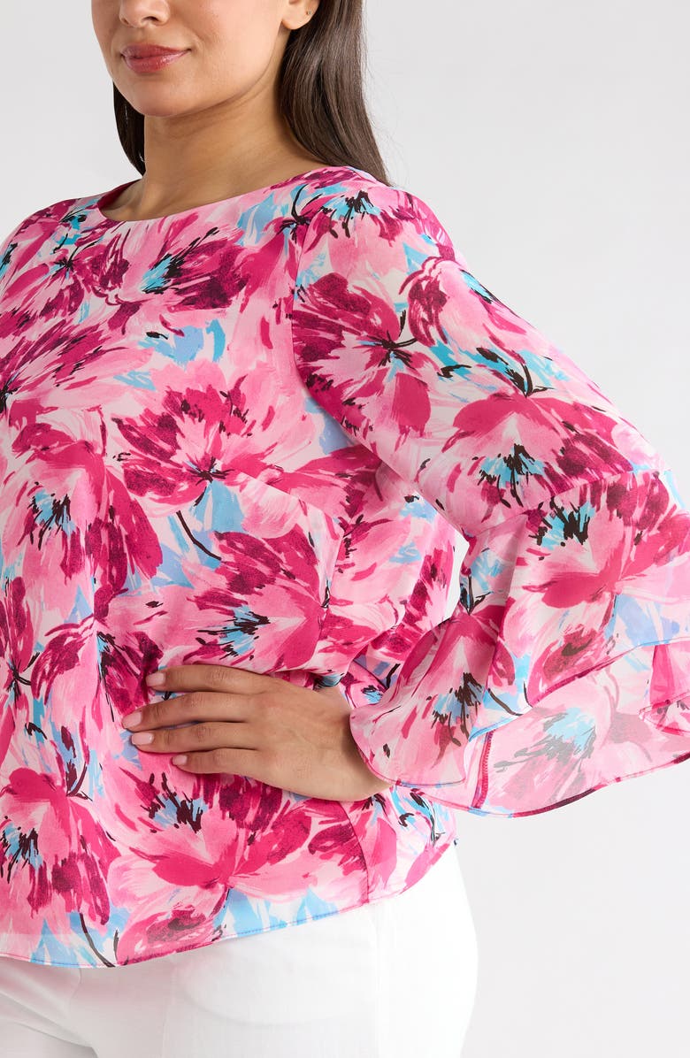 KASPER Floral Print Ruffle Top, Alternate, color, Lily White Multi