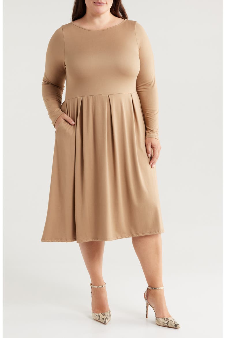 Fit & Flare Long Sleeve Jersey Midi Dress, Main, color, WHEAT