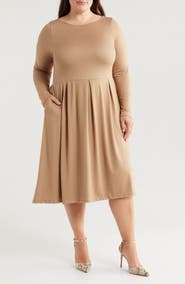 24seven Comfort Apparel Fit & Flare Long Sleeve Jersey Midi Dress