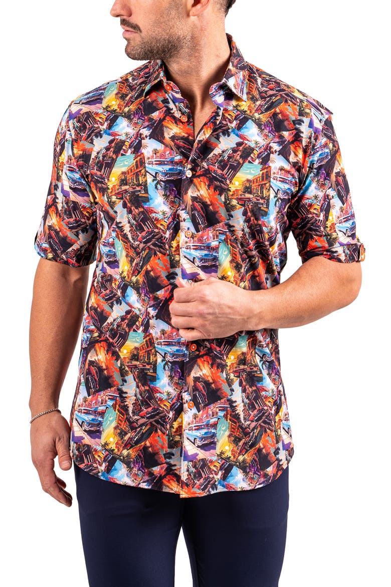 Galileo Resistance0345 Black Vintage Car Print Short Sleeve Cotton Button-Up Shirt, Alternate, color, BLACK