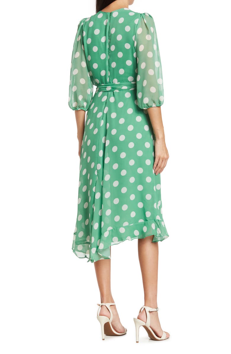 Gabby Skye Surplice Neck Three-Quarter Sleeve Polka Dot Print Chiffon Faux Wrap Dress, Alternate, color, 