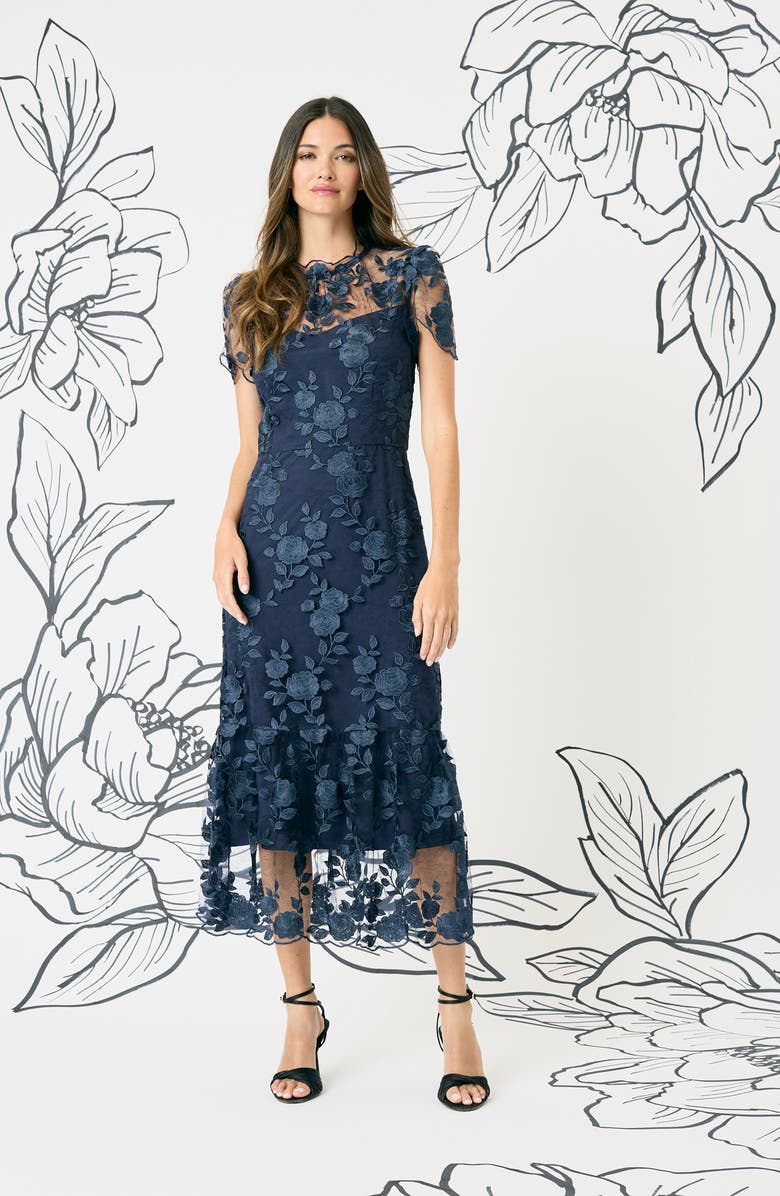 Maggy London Embroidered Floral Overlay Cocktail Dress, Alternate, color, Twilight Navy