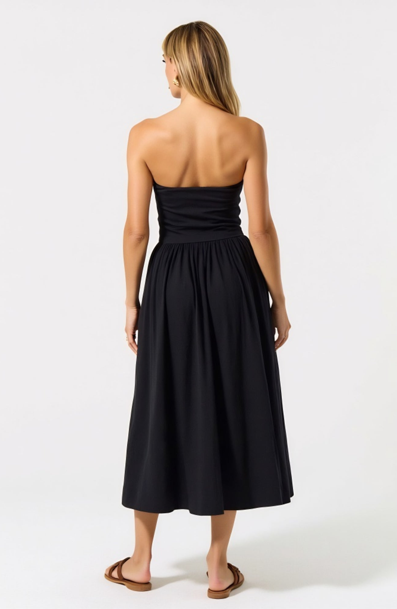 Modenaire Strapless Smocked Bodice Midi Dress with Flowy Skirt and Pockets, Alternate, color, Black