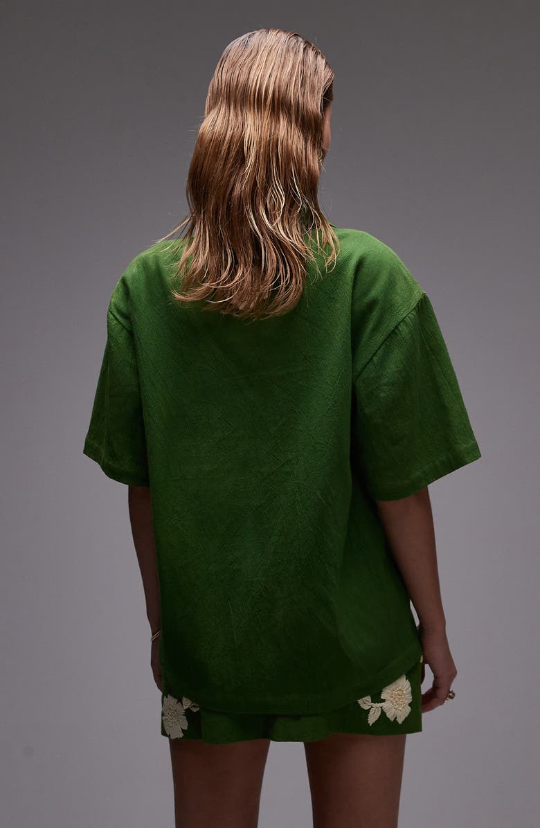 Topshop Raffia Flower Button-Up Resort Shirt, Alternate, color, Medium Green