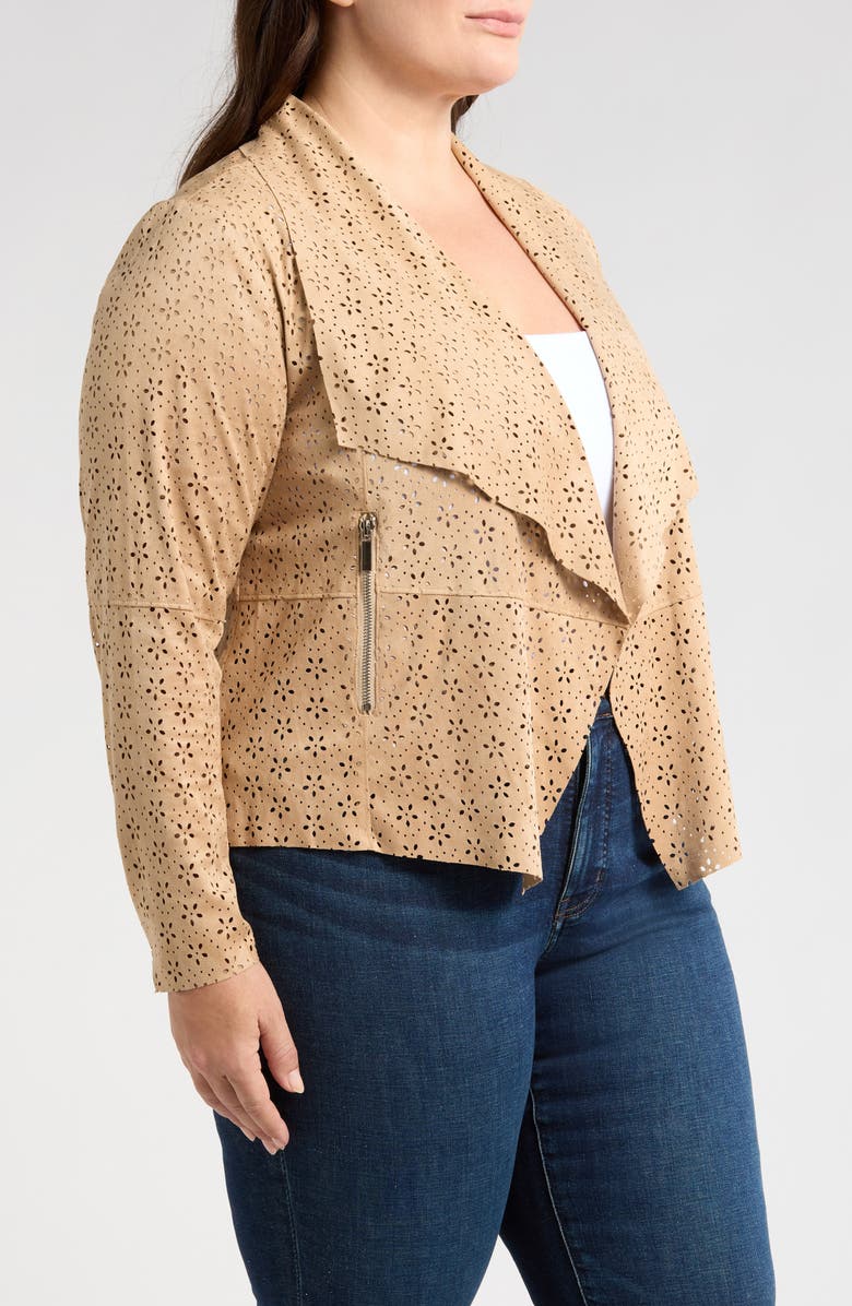 Bagatelle Perforated Floral Faux Suede Drape Jacket, Alternate, color, Bleached Sand