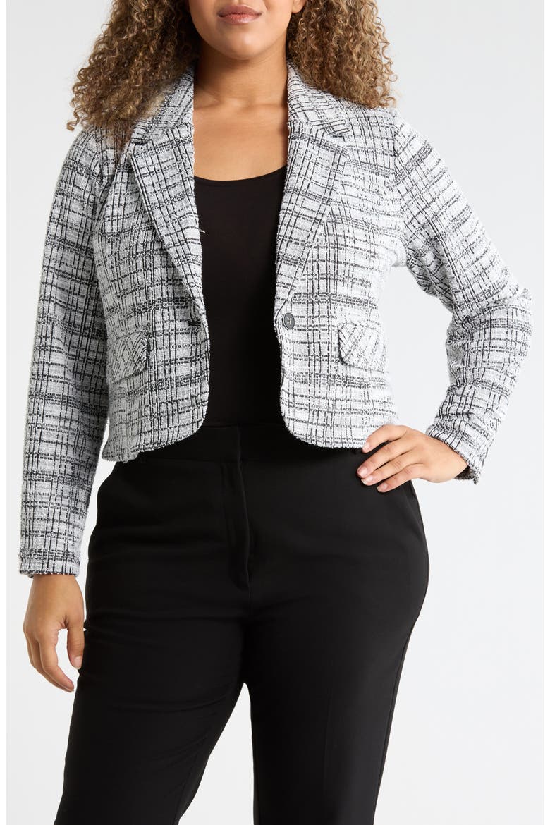 Plaid Tweed Crop Blazer, Main, color, BLACK/ WHITE PLAID