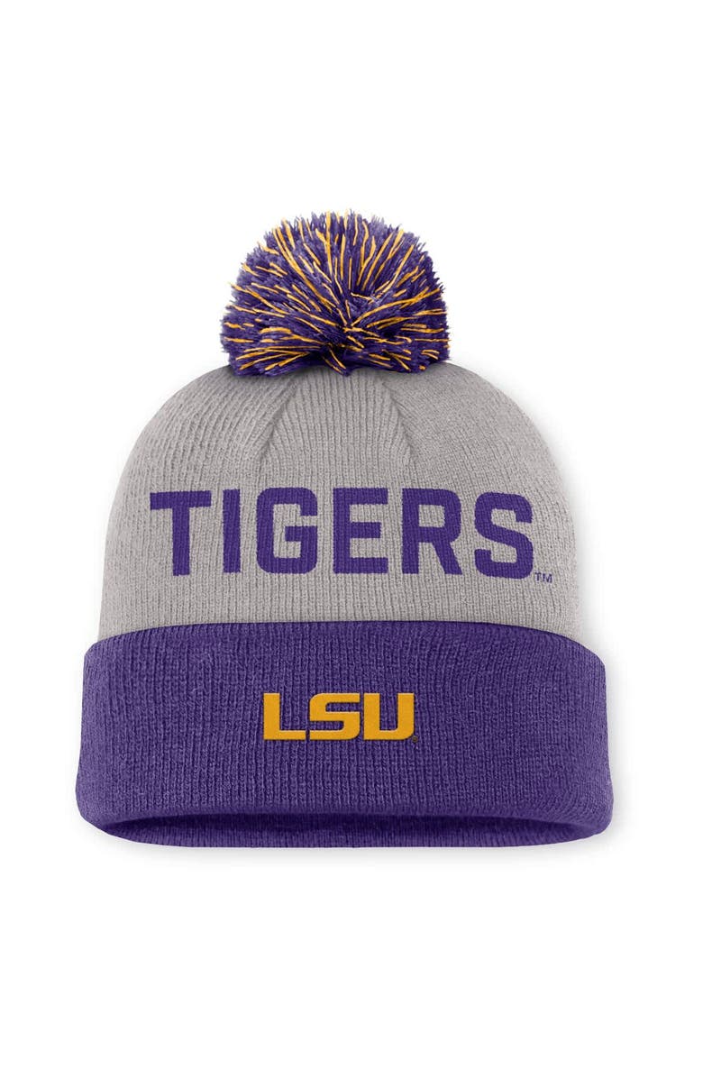 Nike Men's Nike Gray/Purple LSU Tigers Primetime Peak Cuffed Knit Hat with Pom, Main, color, Gray