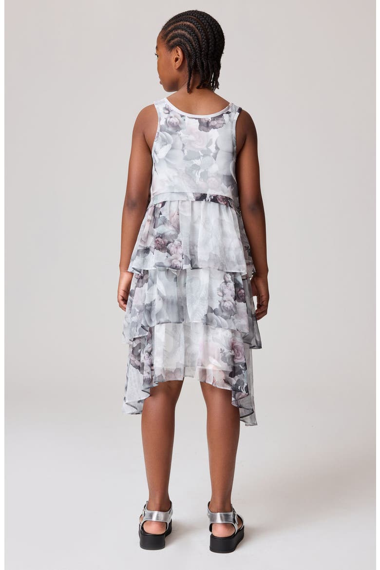 Kids' Floral Print Ruffle Dress, Alternate, color, GREY