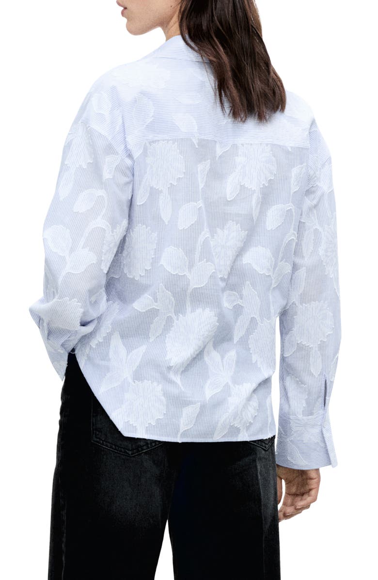 MANGO Oversize Embroidered Floral Stripe Button-Up Shirt, Alternate, color, Sky Blue