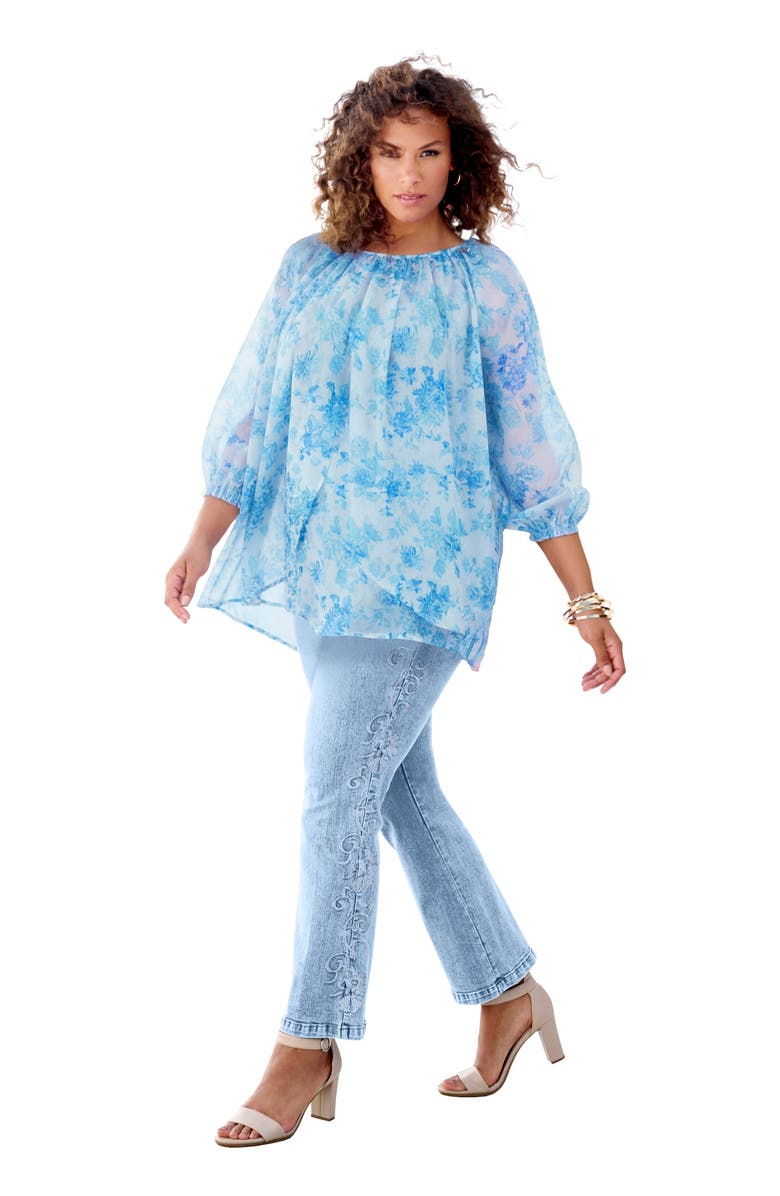 Roaman's Blouson Sleeve Overlay Blouse, Main, color, Pale Blue Small Garden