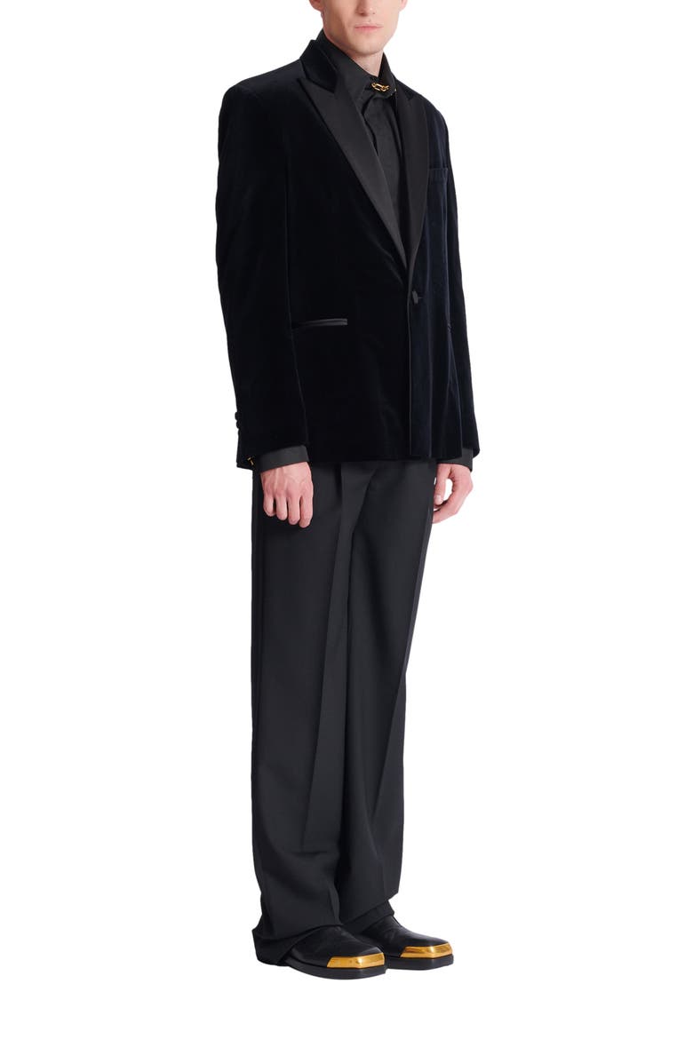 Velvet and satin 1-button blazer, Alternate, color, black