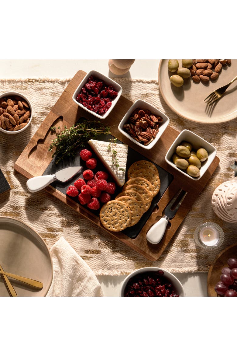 Acacia Wood & Slate Cheese Board Set with Ceramic Bowls, Alternate, color, Brown