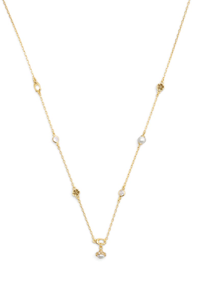COACH Faux Pearl & Crystal Station Necklace, Main, color, Pearl/ Gold