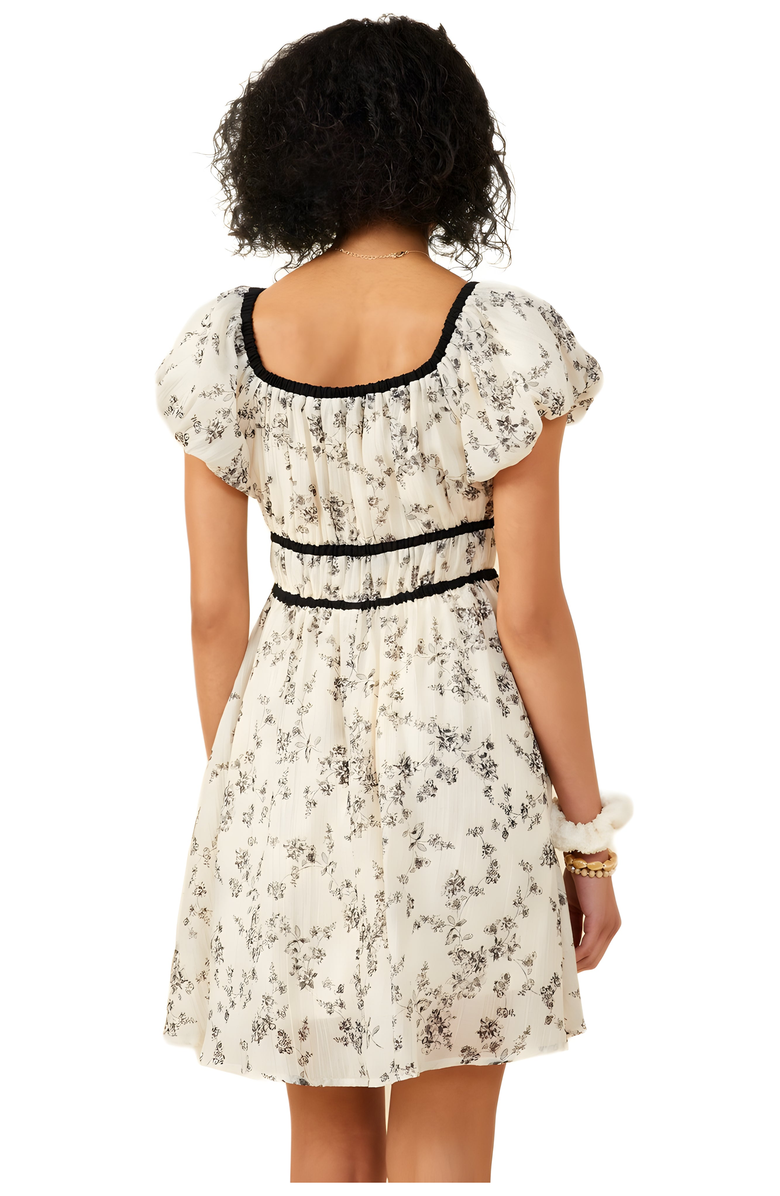 Knit and Lounge Puff Sleeve Floral Mini Dress with Trim Detail, Alternate, color, Cream / Black