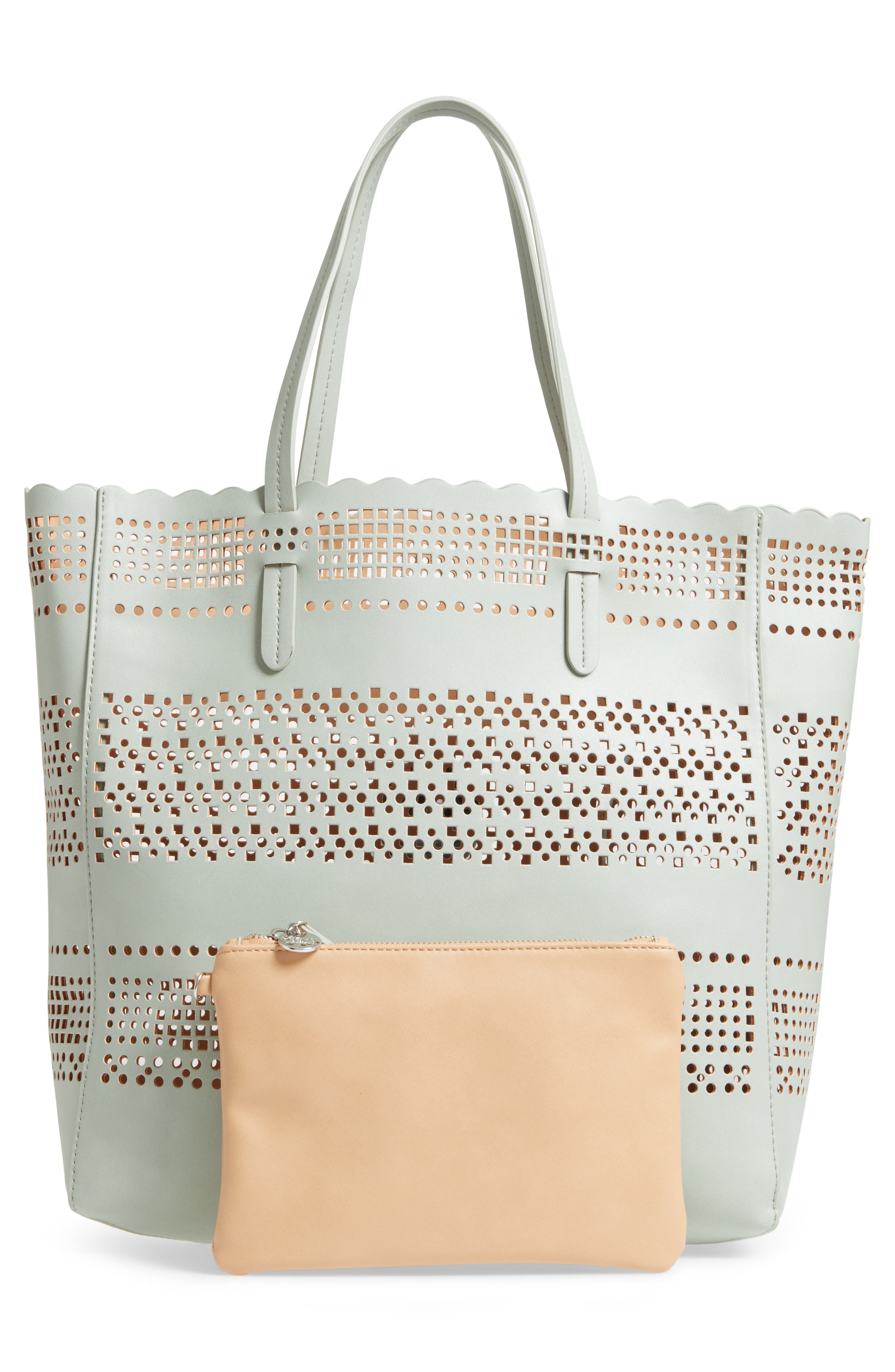 Casey Geometric Cutout Faux Leather Tote & Pouch, Alternate, color, GREEN AQUA