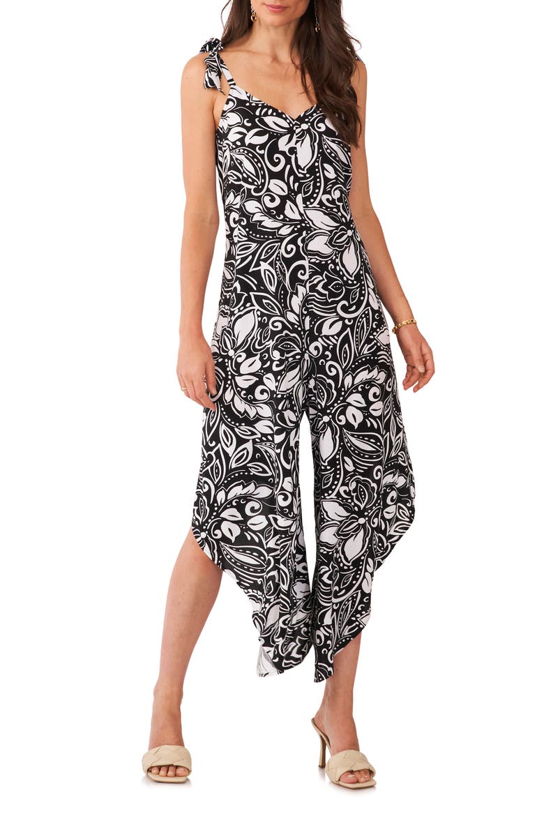 Tie Shoulder Crop Asymmetric Wide Leg Jumpsuit, Main, color, RICH BLACK