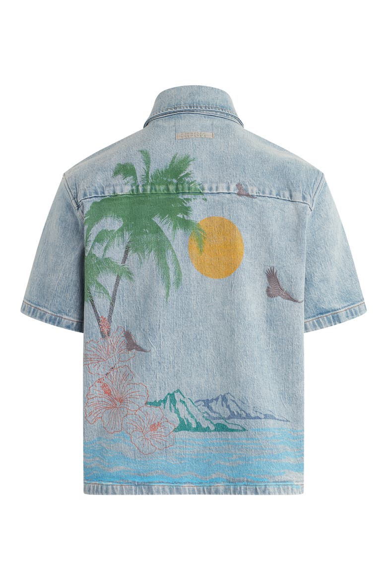 Cotton Denim Graphic Camp Shirt, Alternate, color, INDIGO PALM